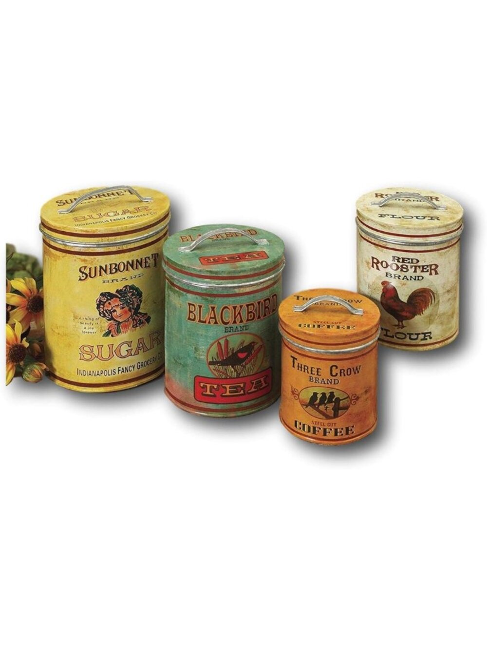 Set of 4 Vintage Round Metal Kitchen Canisters - Antique Style for Sugar, Tea